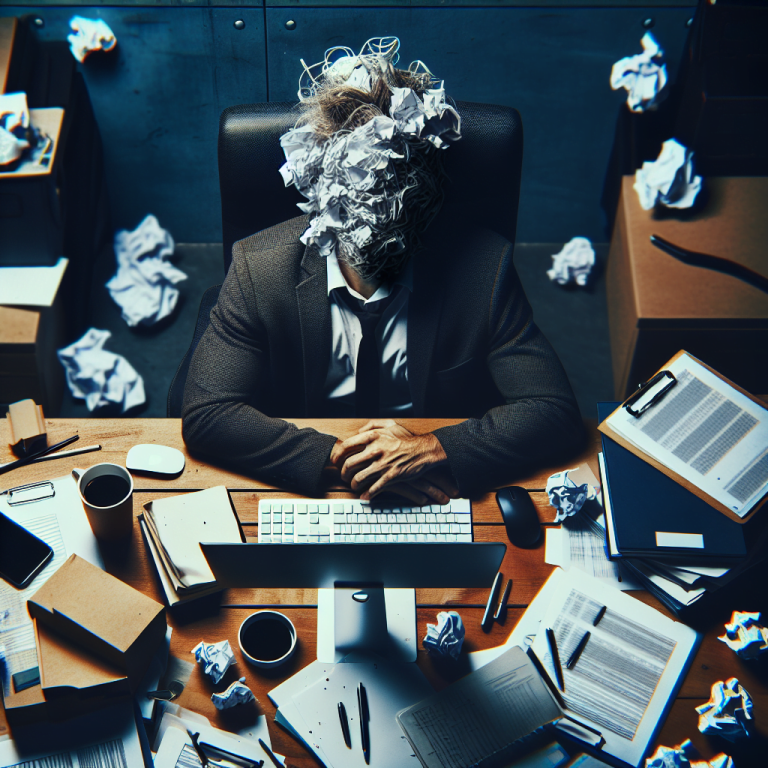wypalenie zawodowe – człowiek w biurze, dużo papierów dookola, przypalona broda i papiery na twarzy