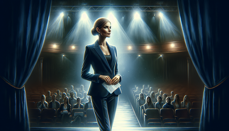 wystąpienia publiczne – kobieta na scenie w świetle reflektorów